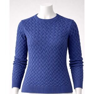 Lands' End Drifter Women's M Blue Sweater Cotton Cable Knit Classic Grandma